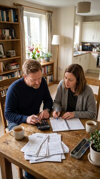 A couple sitting at a table, diligently reviewing documents and using a calculator. They appear focused on managing their finances, with cups of tea nearby. The room has a warm, homey atmosphere.