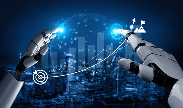 Explore a captivating representation of artificial intelligence with robotic hands interacting with digital graphs and data metrics against a vibrant city skyline backdrop. Ledger