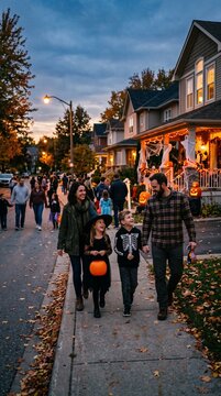 Trick-or-treaters on a decorated street on Halloween night. Families in costumes walk along a sidewalk lined with autumn leaves and spooky decorations as houses are lit with festive lights