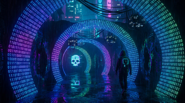 A conceptual underground digital world depicted as a hidden tunnel formed from binary code and neon light, symbolizing the dark web with a dark cyberpunk aesthetic.