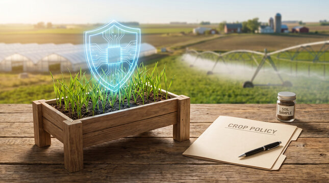 Crop insurance and smart farming technology concept with digital shield icon over seedlings, crop policy folder, and soil sample on a farm background.