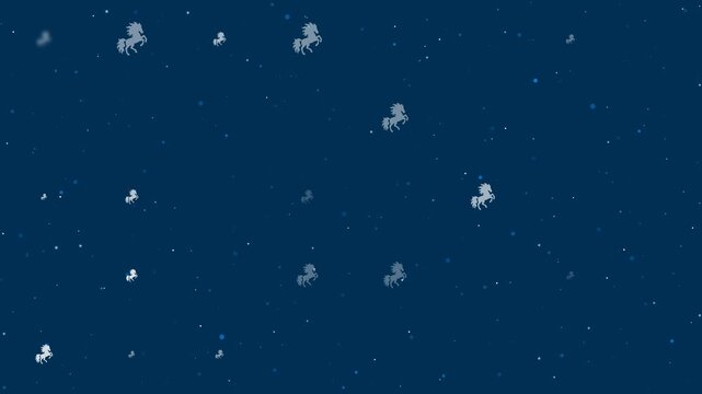 Template animation of evenly spaced fiery horse symbols of different sizes and opacity. Animation of transparency and size. Seamless looped 4k animation on dark blue background with stars
