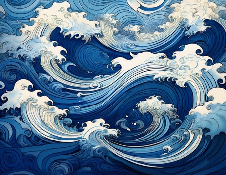 traditional japanese style ocean waves background with white foam and swirling patterns in various shades of blue