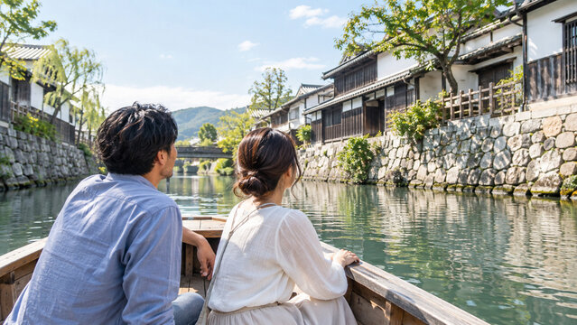 歴史的な水辺を巡る小型観光船で岸辺を眺める二人の友人