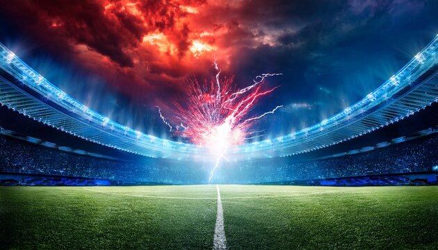 dynamic red and blue lightning clash over empty stadium field with bright central explosion and dramatic cloudy atmosphere in intense sports arena scene