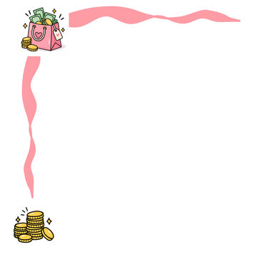 Pink Finance Money Border Frame with Cash and Coins Hand Drawn Illustration