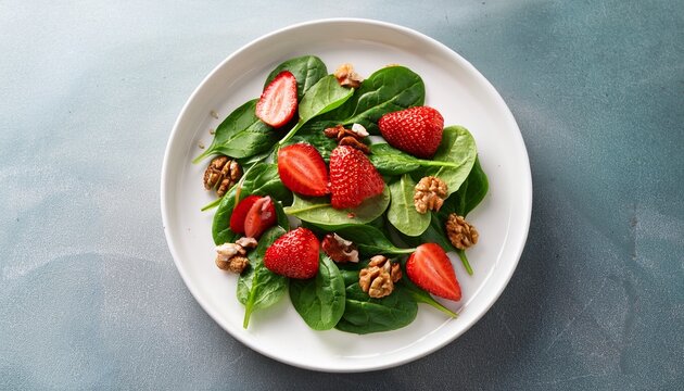 fresh spinach salad with strawberries and walnuts served on a white plate