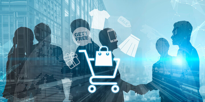 Glowing shopping cart with sale tags, clothing, and mobile items representing online retail marketing and e-commerce promotions Parse