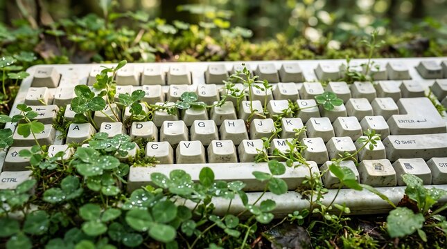 Old computer keyboard overgrown with green clover plants in a forest setting