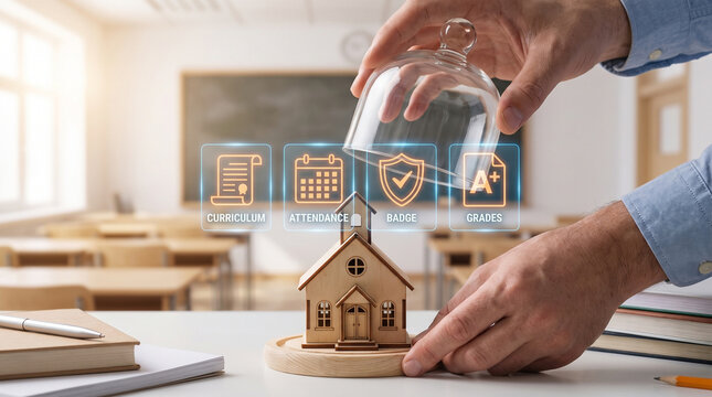 School education protection concept with miniature building under glass dome and digital icons for curriculum, attendance, and grades in a classroom.