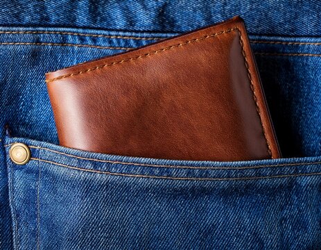 brown leather wallet in a blue jean pocket