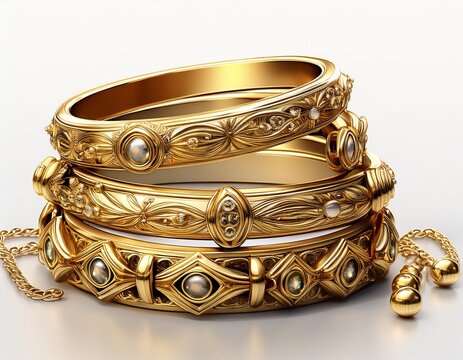 gold bracelets and charms jewelry stacked cut out isolated on white background ai generated