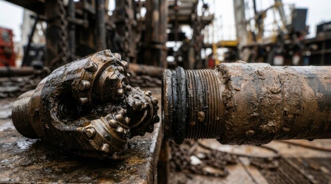 Oily drill bit beside mud caked casing threads and a rubber gasket for oilfield drilling and rig maintenance.