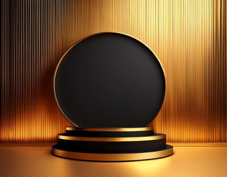 d rendering of black and gold empty circle pedestal between black arch wall mockup on gold background