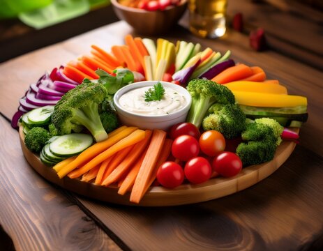 colorful vegetable platter with dip on a wooden table during a gathering