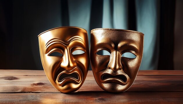 comedy and tragedy masks on a vintage table evoking theater and drama