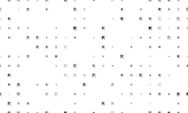 Seamless background pattern of evenly spaced black combat robots of different sizes and opacity. Illustration on transparent background