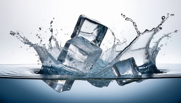 ice cubes splash water into a dynamic refreshing display against a clean white backdrop