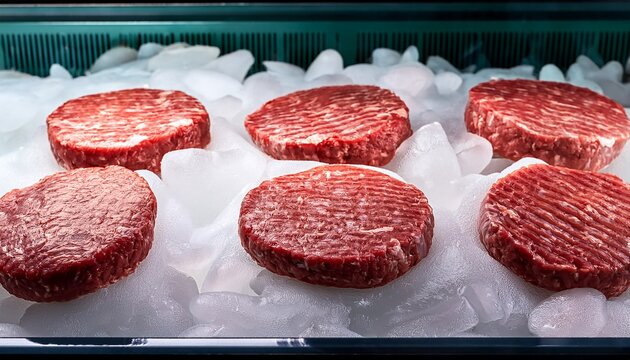 beef burger patties arranged on ice in supermarket display case