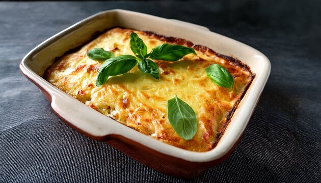 creamy baked casserole topped with fresh basil in a rustic dish
