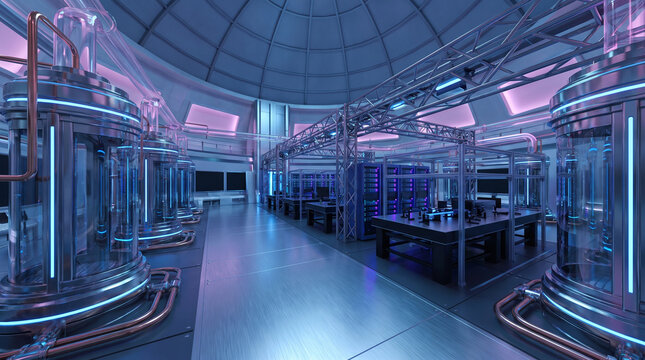 futuristic laboratory with advanced glass chambers