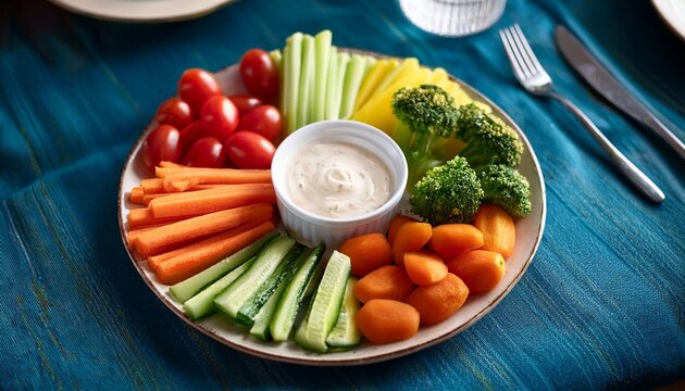 platter of fresh vegetables served with dip at a gathering during the afternoon