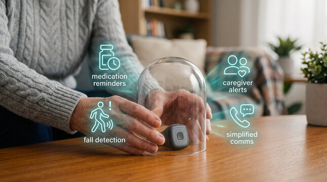 Medical alert system for seniors with fall detection and medication reminders. Elderly person using wearable safety device in home setting with digital icons.
