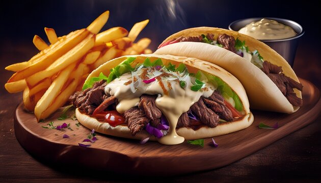 delicious french tacos sandwich with beef and french fries french sandwich of lyon with french creamy cheese sauce street food generative ai