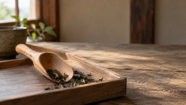 朝の窓辺に置いた杉の茶匙