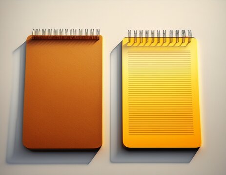 yellow lined notepad and brown notebook paper with lines on white background with shadow ai generated