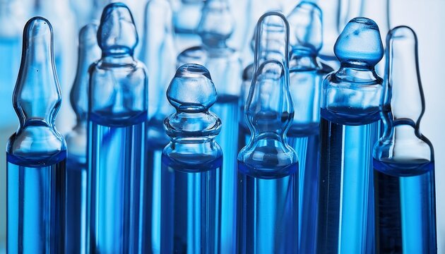close up macro shot of blue ampoules for medical injections
