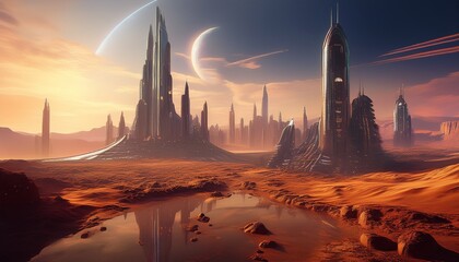 Naklejka premium futuristic city ascending hopeful skyline rising from barren wasteland