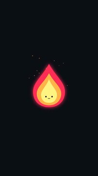 Minimalist fire flame icon animation video clip with cute face and glowing sparks.