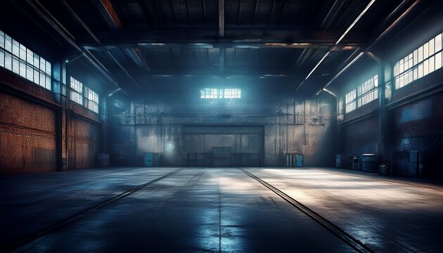 empty warehouse s interior with a mysterious atmosphere with grungy walls and darkness industrial space background