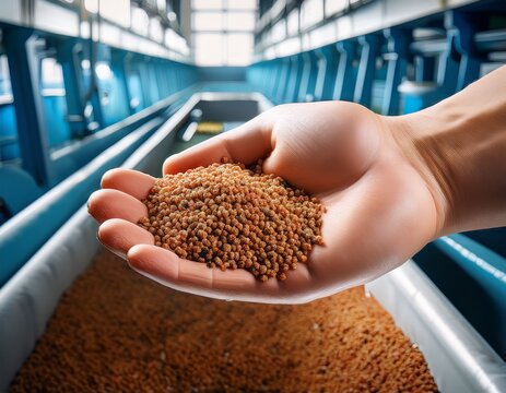pelleted salmon feed in hand inside aquaculture processing facility for fish nutrition pelleted fish feed