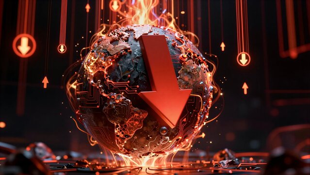 Digital globe with fiery arrow, symbolizing global tech decline amidst glowing circuitry and data streams.