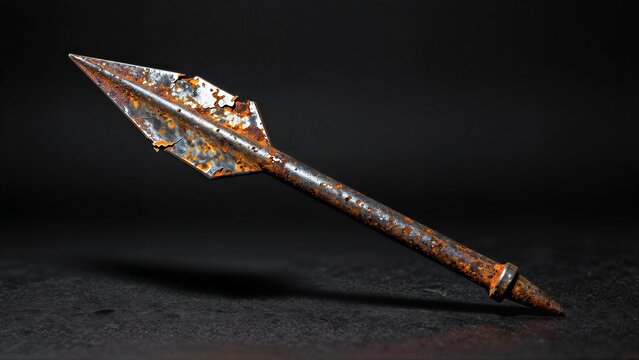 Rusty spearhead lies against dark background, weathered metal gleaming with age.