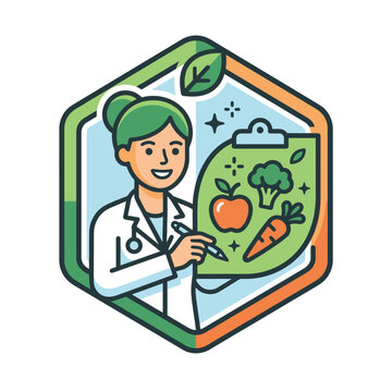 Nutritionist woman doctor holding diet plan clipboard with healthy food vector illustration. EPS Editable