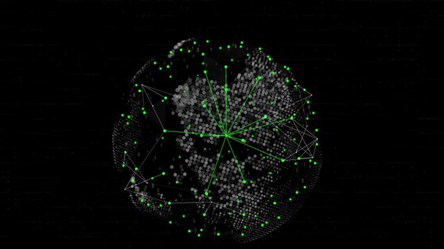Digital globe network animation with connected green nodes data motion