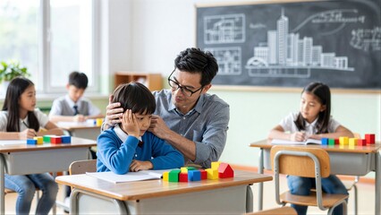 Obraz premium Teacher gently guides student with colorful blocks in bright classroom setting.