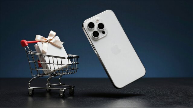 White iPhone floats beside shopping cart with gift, symbolizing tech retail delight.
