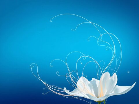 Whisper-thin tendrils weave a delicate dance across a calm blue expanse, where white petals unfold like wisps of cloud, simplicity, blue background