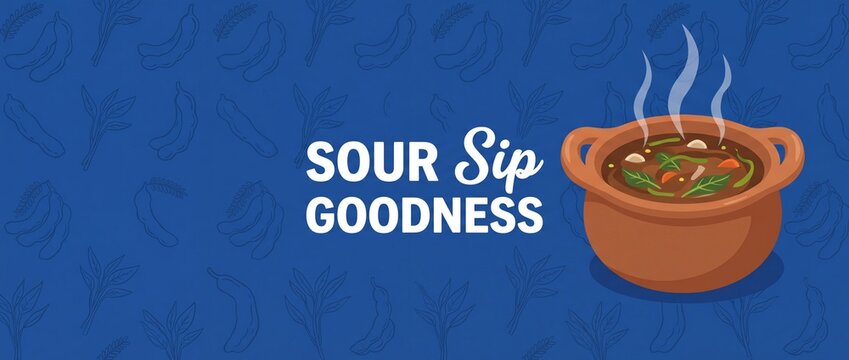 Sinigang Tamarind Sour Soup Illustration, Clay Pot Cooking Hot Stew with SOUR Sip GOODNESS Text on Blue Background Pattern, Traditional Filipino Cuisine Header Web Banner for Asian Restaurant Menu