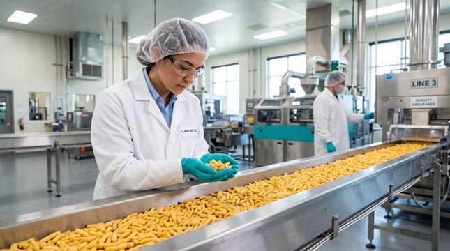 A female factory worker wearing a protective hairnet goggles and white coat carefully inspects snacks on a moving stainless steel conveyor belt inside a modern food processing plant