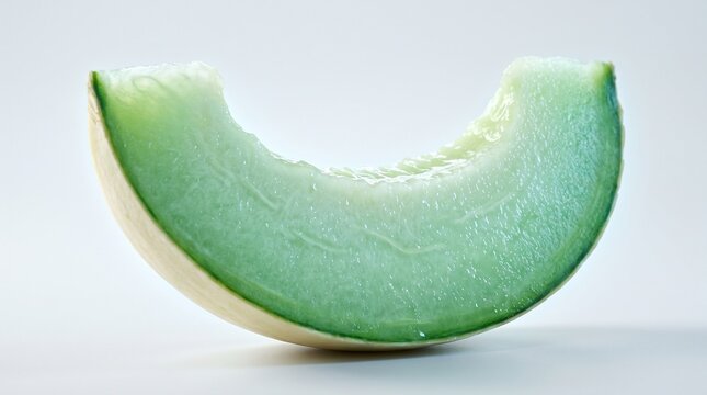 Honeydew melon slice stands upright against a white background