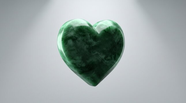 A sculpted jade heart rests against a neutral gray background