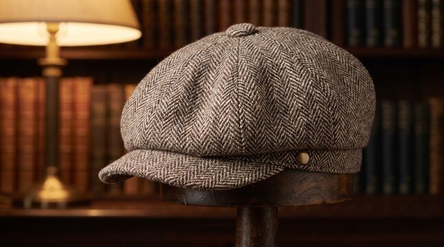 Vintage herringbone newsboy cap sits on a wooden display stand