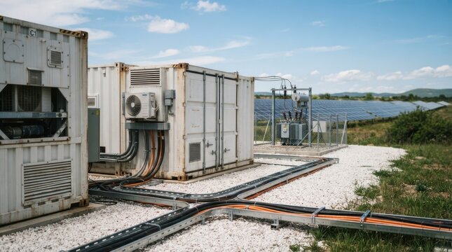Modular server containers beside a solar field and compact substation for renewable microgrid storage