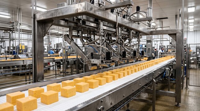 Automated industrial processing line inside a modern food manufacturing factory featuring stainless steel machinery and multiple blocks of yellow cheese moving along conveyor belts