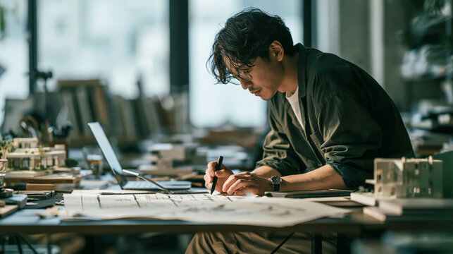 設計事務所で図面を作成する設計士の知的なビジネスシーン